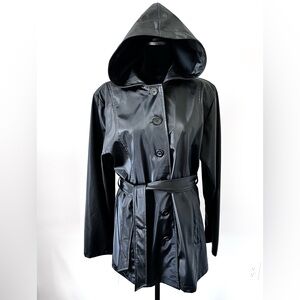 Vtg Y2K Outer Edge Black Shiny Raincoat Hoodie Jacket Button Goth Grunge Women L